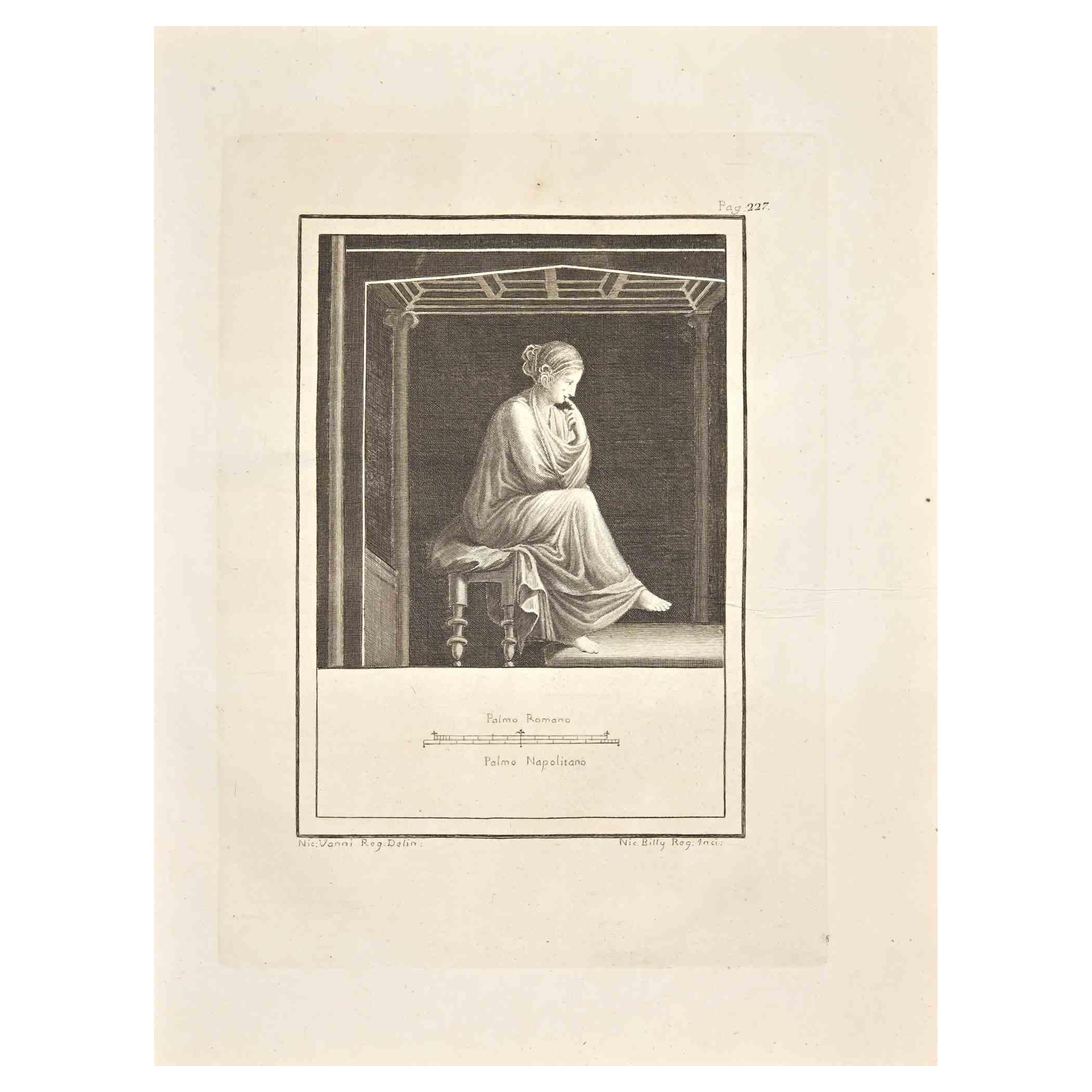 Ancienne gravure romaine Fresco Herculaneum - N.Billy  XVIIIe siècle