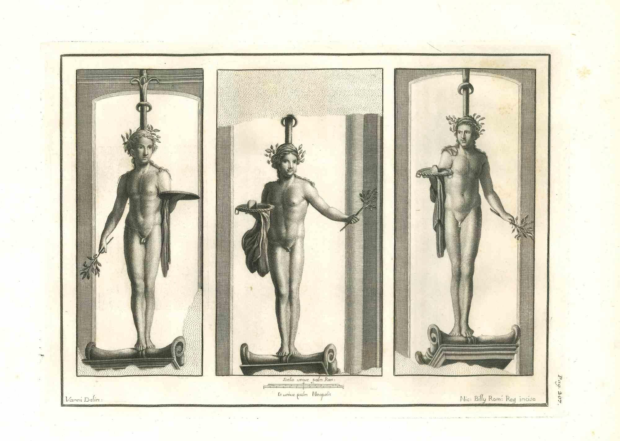 Statues romaines antiques de la série "Antiquités d'Herculanum", est une gravure originale sur papier réalisée par Nicola Billy au 18ème siècle.

Signé sur la plaque.

Bon état, à l'exception de quelques petites taches.

La gravure appartient à la