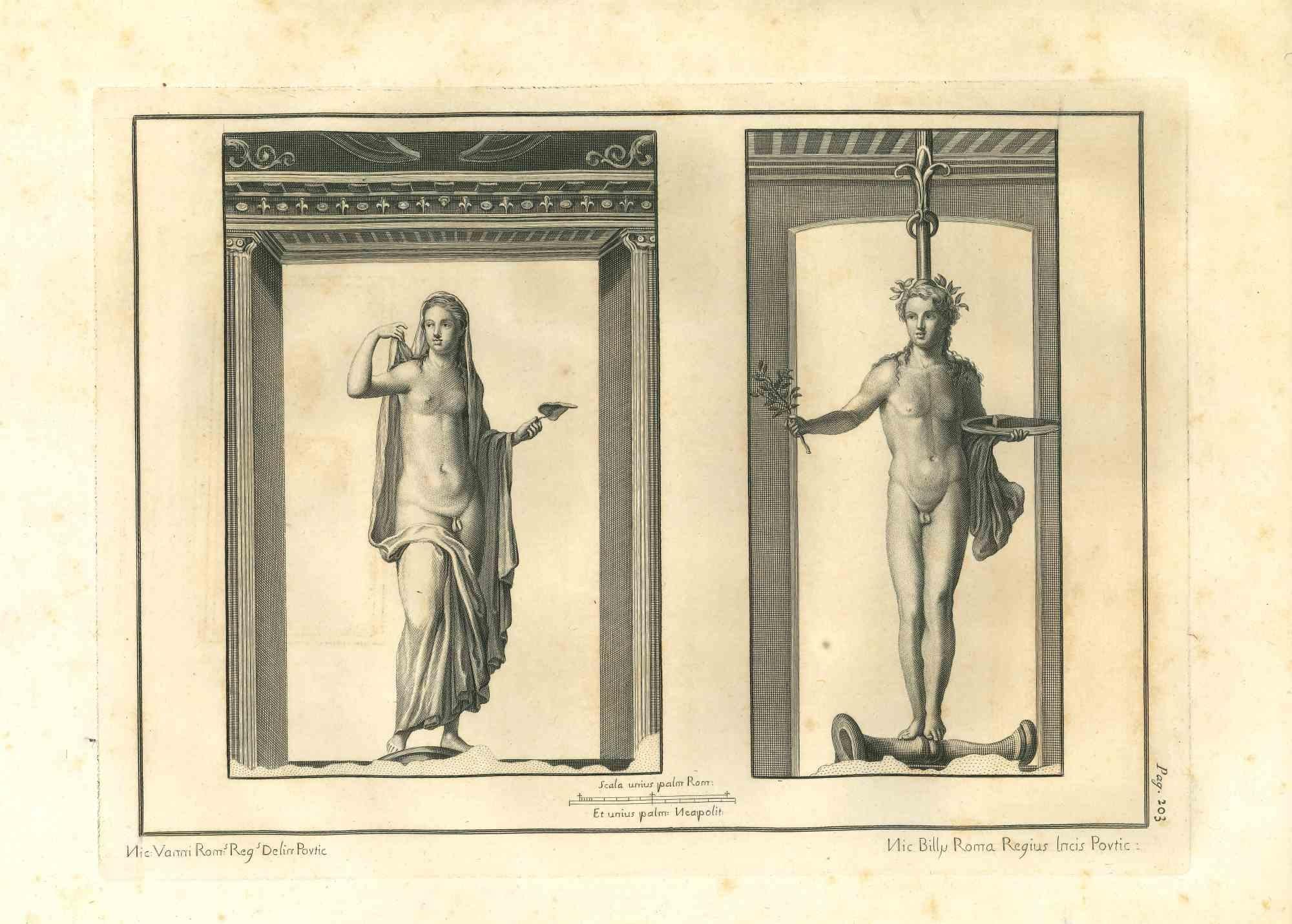 Statues romaines antiques de la série "Antiquités d'Herculanum", est une gravure originale sur papier réalisée par Nicola Billy  au 18ème siècle.

Signé sur la plaque.

Bon état, à l'exception de quelques petites taches.

La gravure appartient à la