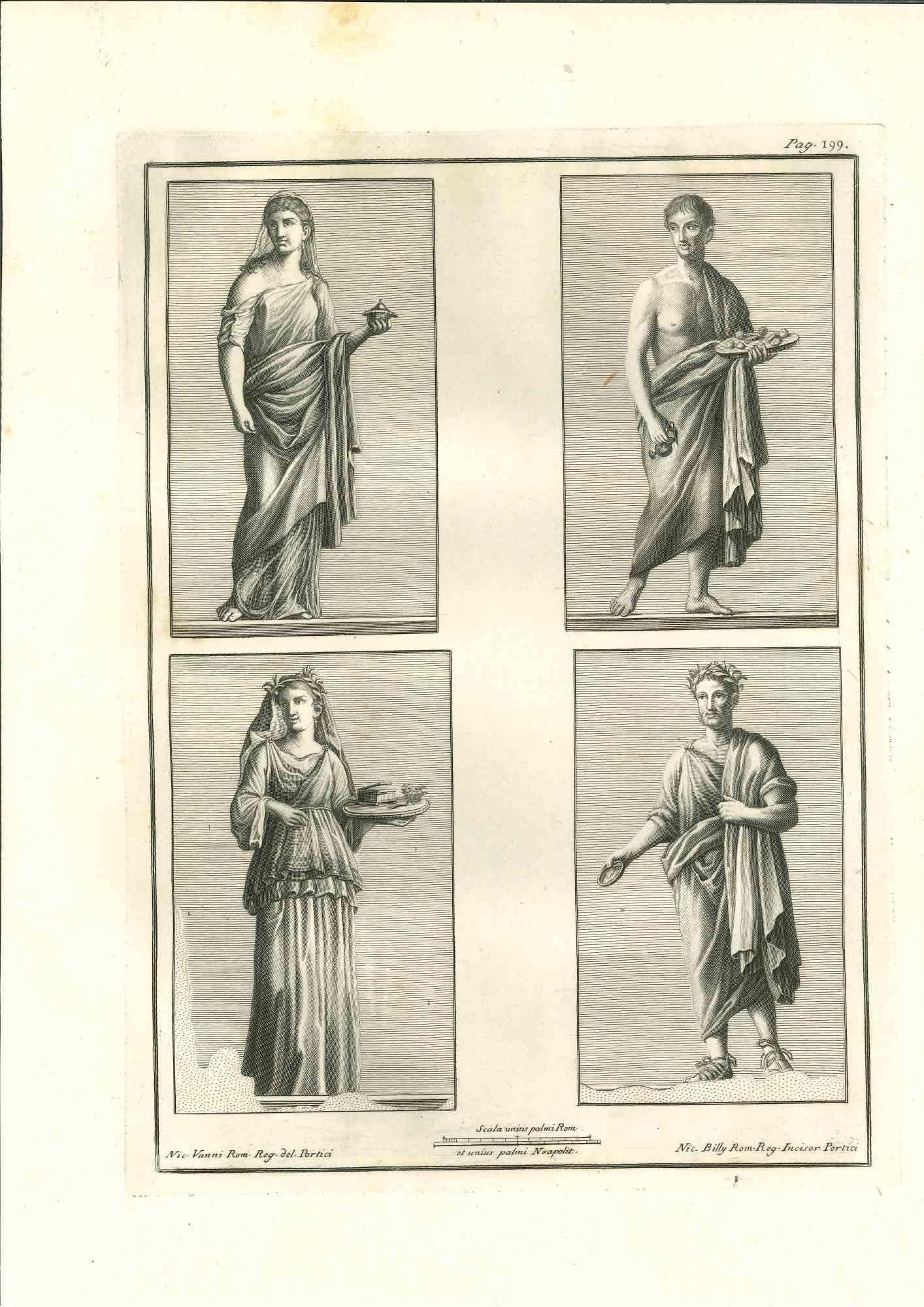 Statues romaines antiques de la série "Antiquités d'Herculanum", est une gravure originale sur papier réalisée par Nicolaus  Vanni et Nicola Billy Rom au 18ème siècle.

Signé sur la plaque.

Bon état, à l'exception de quelques petites taches.

La