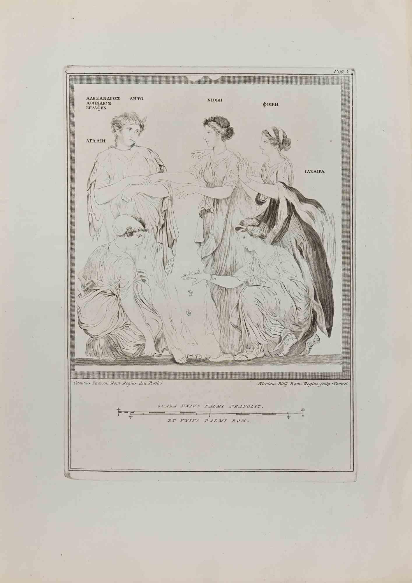Groupe de joueurs d'Astragalos des "Antiquités d'Herculanum" est une gravure sur papier réalisée par Nicola Billy d'après Camillus Paderni au 18ème siècle.

Signé sur la plaque.

Bonnes conditions et marges vieillies avec quelques pliages et
