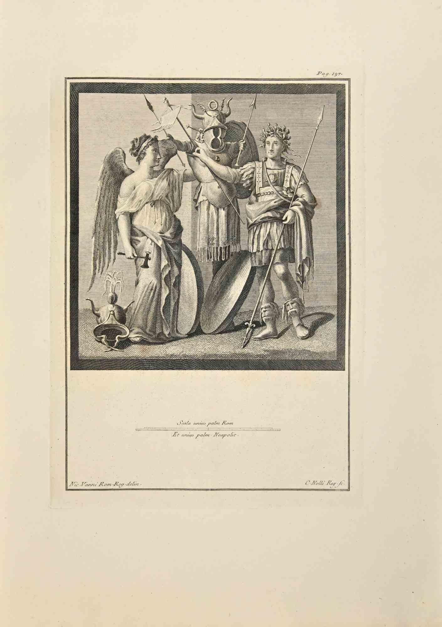 Victory and Trophies from "Antiquities of Herculaneum" is an etching on paper realized by Carlo Norlli in the 18th Century.

Signed on the plate.

Good conditions and aged with some folding.

The etching belongs to the print suite “Antiquities of