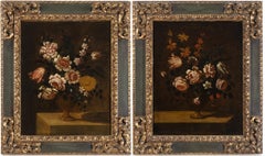 Nicola Cassisa A Pair Of Oil Paint Still Life With Vase Of Flowers 18th Century