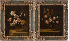 Paire de natures mortes à l'huile avec vase de fleurs Nicola Cassisa, 18ème siècle