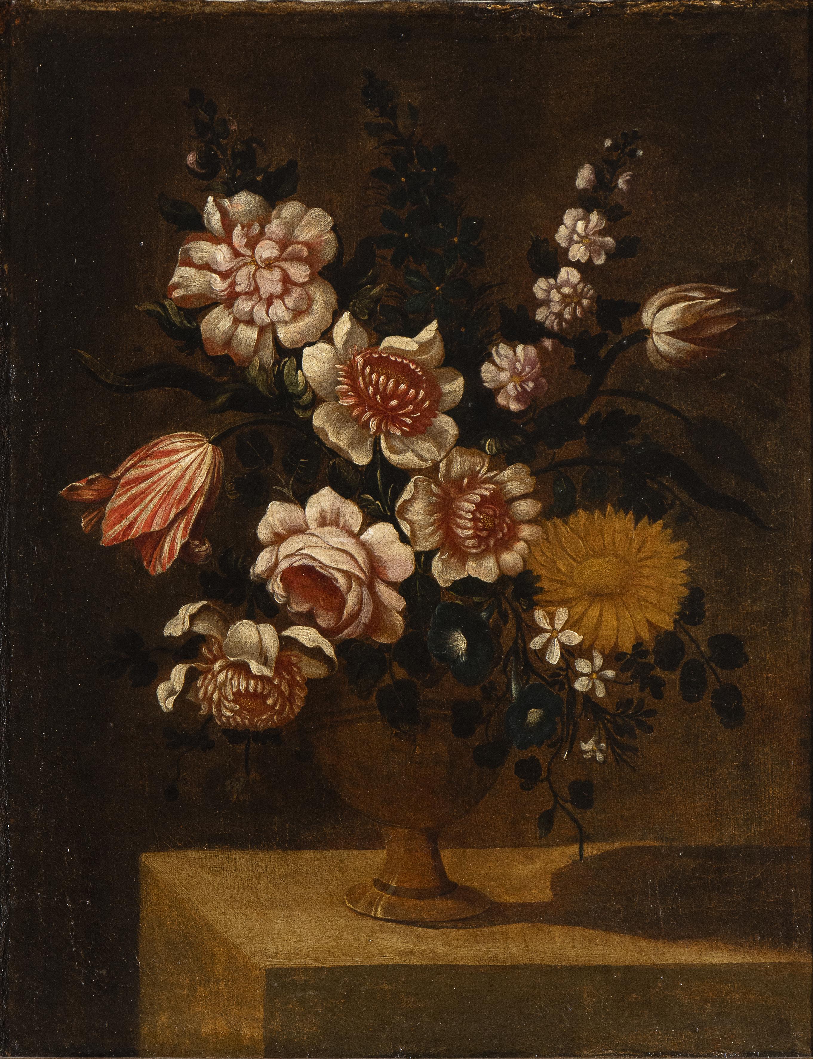 Coppia di nature morte figurative dipinte a olio con vaso di fiori del 18° Italia con cornice - Painting di Nicola Cassisa