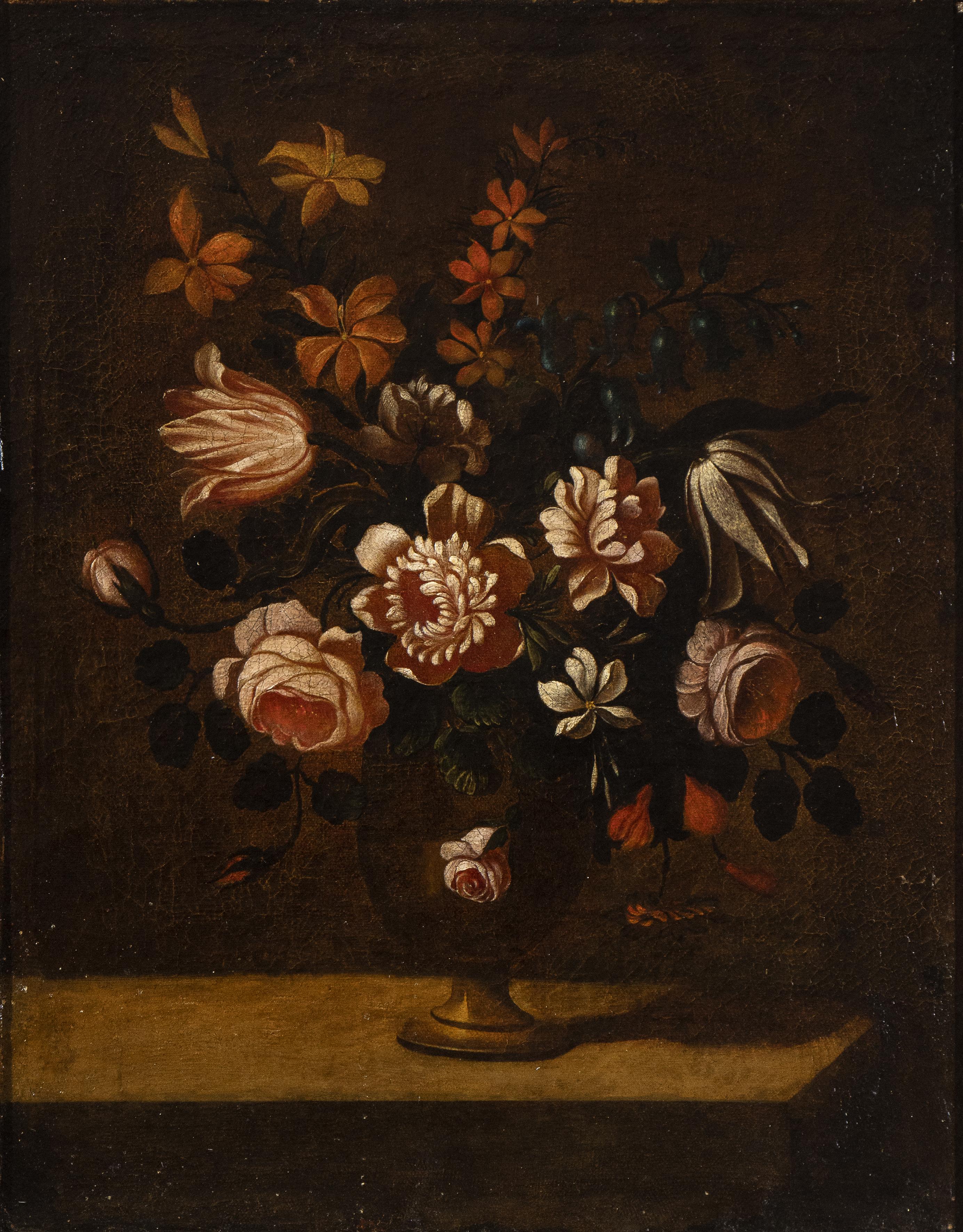 Coppia di nature morte figurative dipinte a olio con vaso di fiori del 18° Italia con cornice - Painting Rococò di Nicola Cassisa