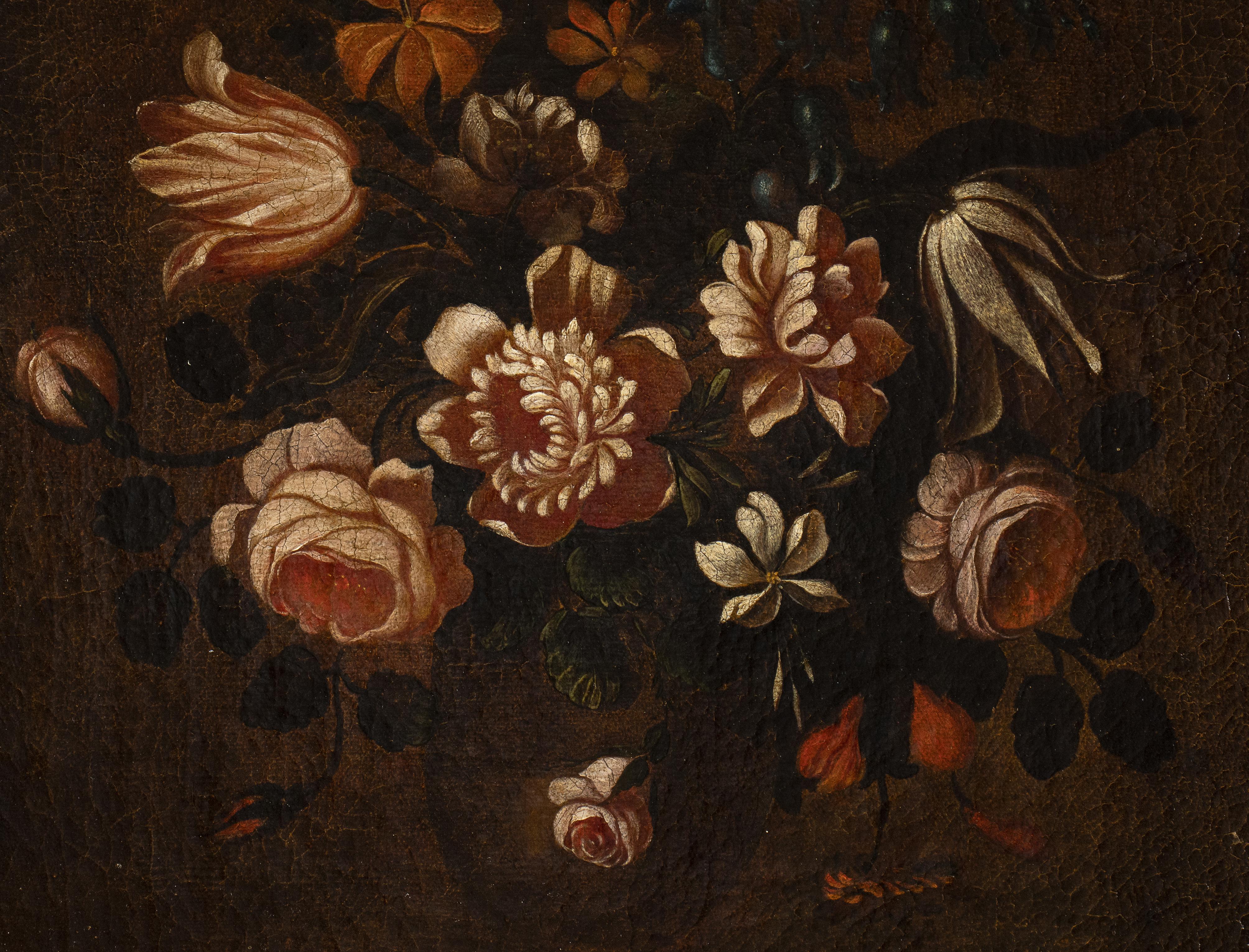 Coppia di nature morte figurative dipinte a olio con vaso di fiori del 18° Italia con cornice 1
