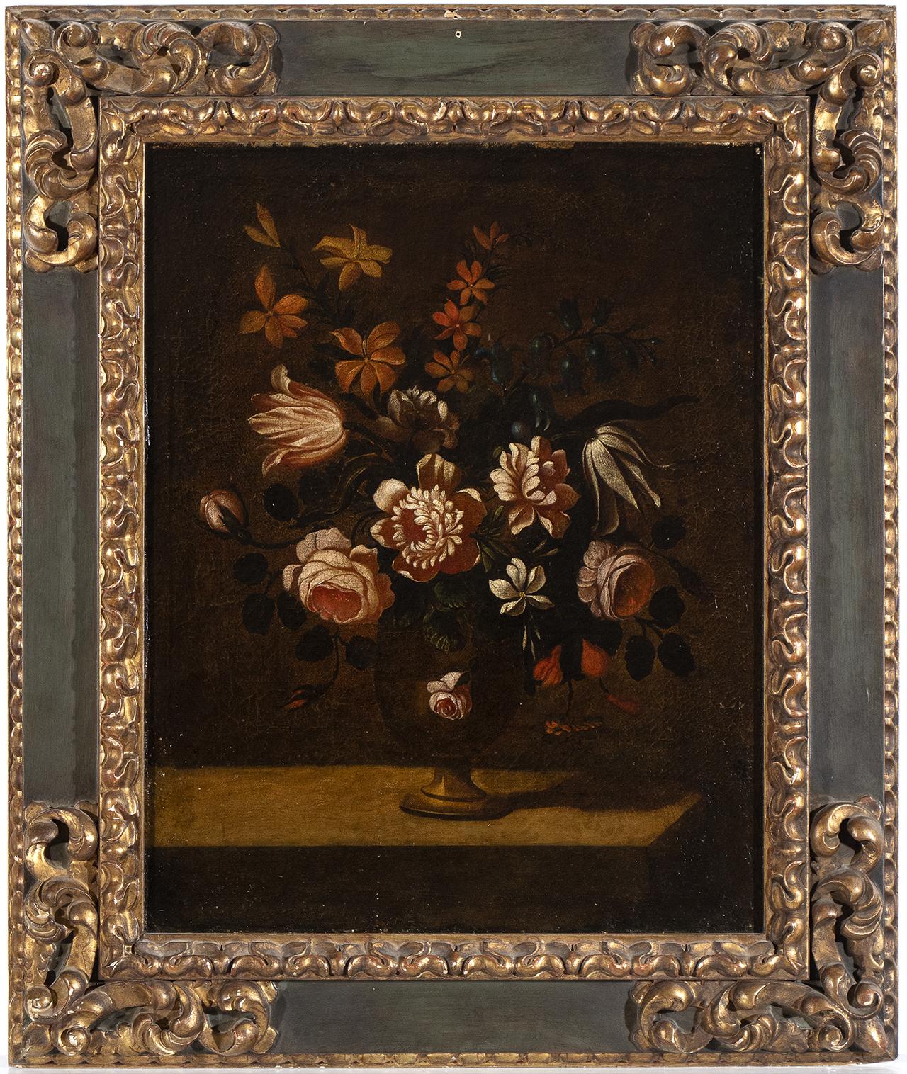 Coppia di nature morte figurative dipinte a olio con vaso di fiori del 18° Italia con cornice 3