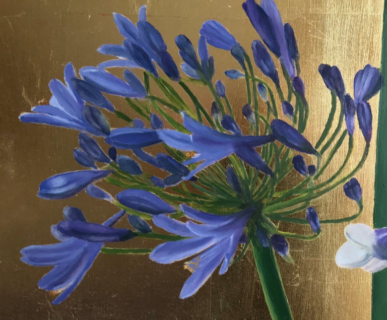 Agapanthus on Gold
Oil painting on gessoboard with faux gold leaf
24 x 18 inches  61 x 46cm