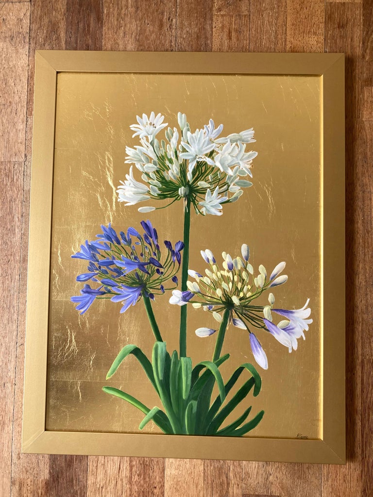 Agapanthus on Gold.  Contemporary Mixed Media Floral Painting 2