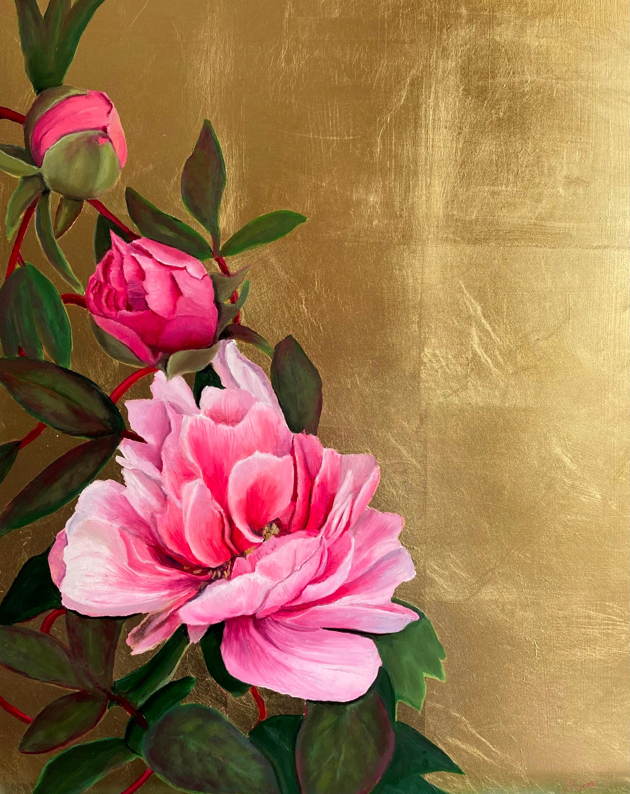 Spetchley Coral Peonies on Gold - Mixed Media Art by Nicola Currie