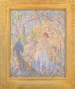 Lady With a Peacock: American Impressionist Oil Painting, 19th Century