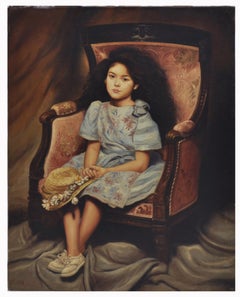 CHILD ON ARMCHAIR – Italienische Schule – Öl auf Leinwand Italienisches figuratives Gemälde