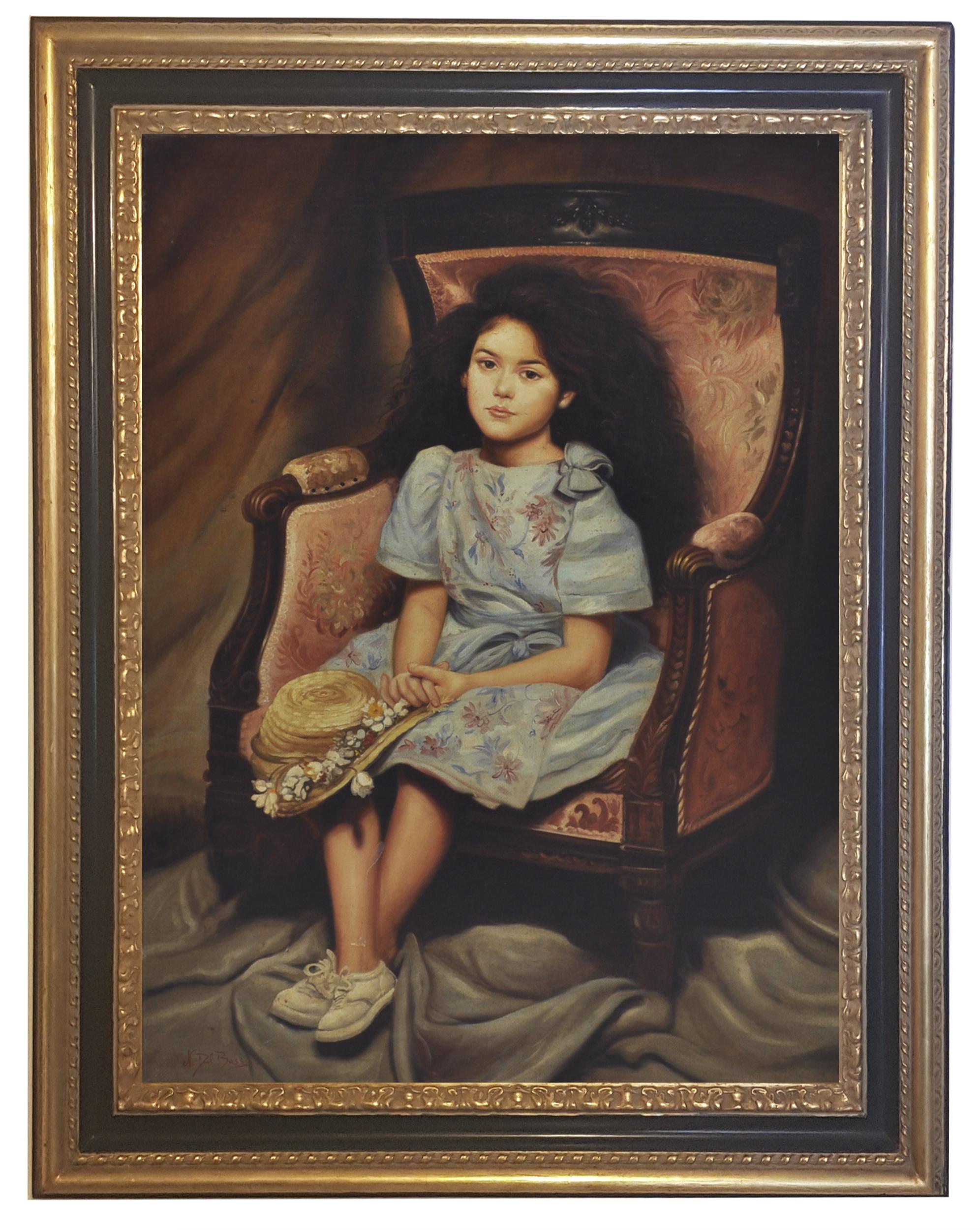 Nicola Del Basso Portrait Painting - CHILD ON ARMCHAIR - Italian School - Oil on Canvas Italian Figurative Painting