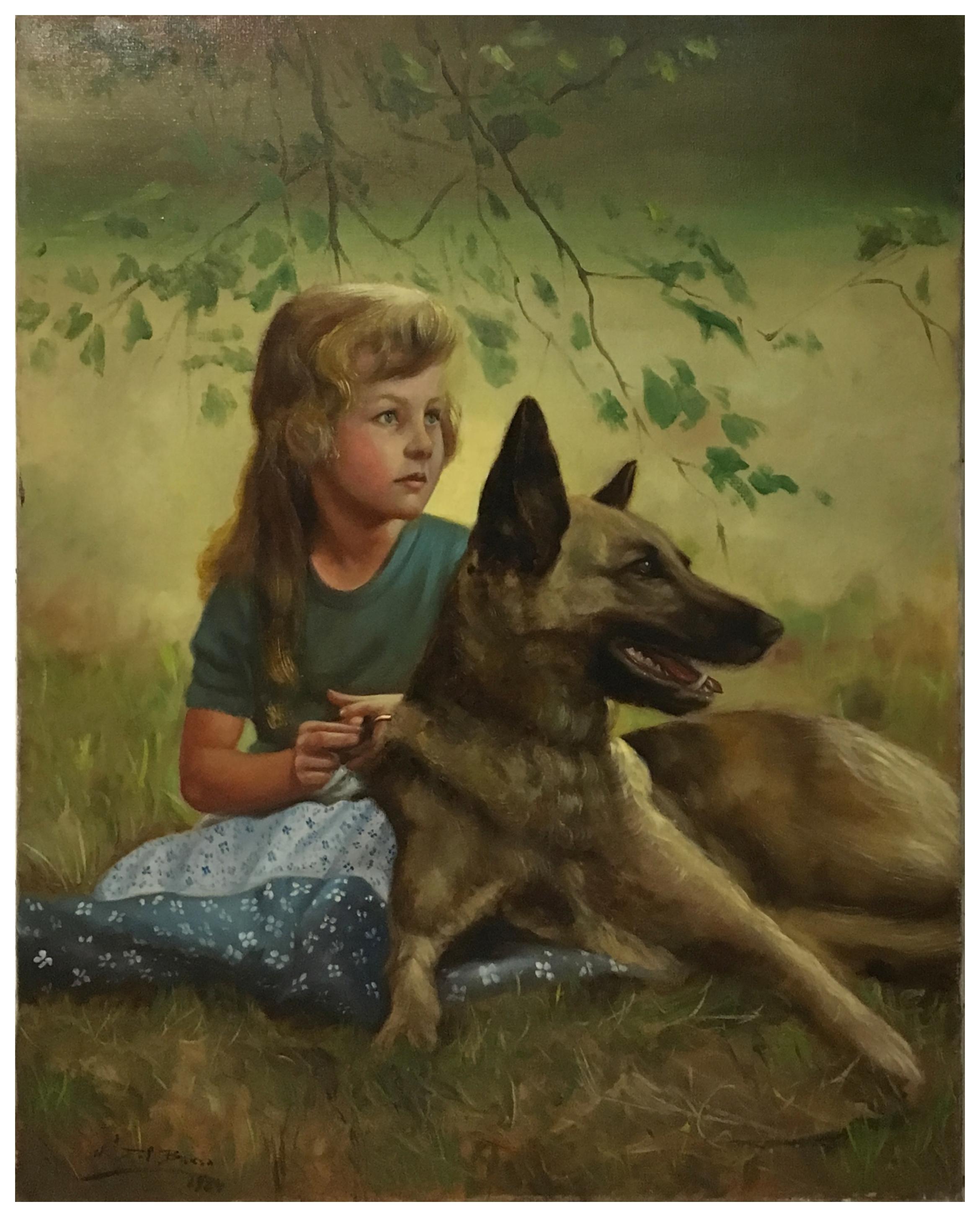CHILD WITH A DOG – Deutsche Schule  Öl auf Leinwand Italienische figurative Malerei – Painting von Nicola Del Basso