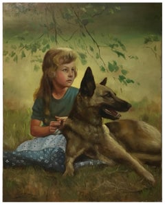 CHILD WITH A DOG – Deutsche Schule Öl auf Leinwand Italienische figurative Malerei