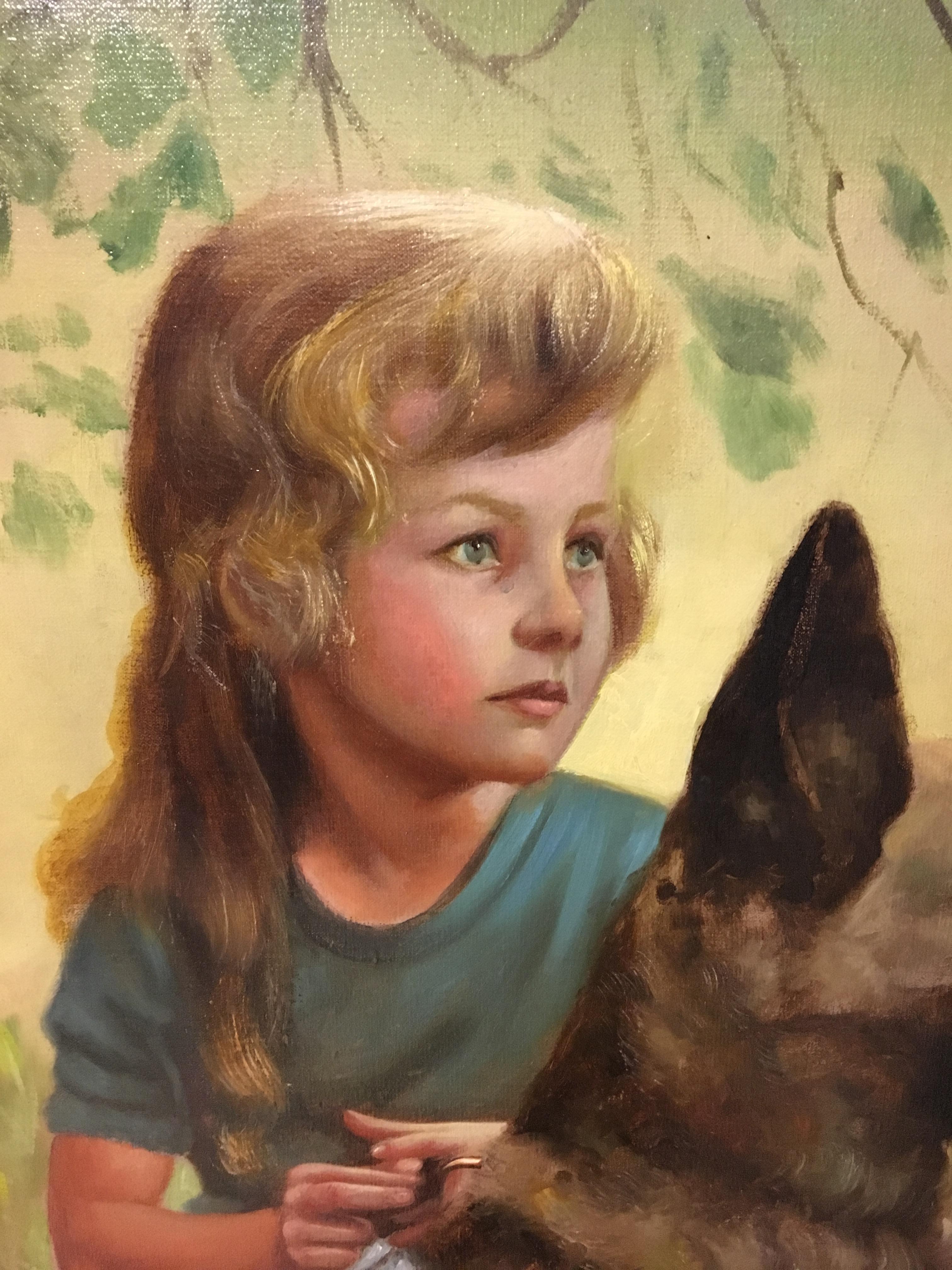 CHILD WITH A DOG – Deutsche Schule  Öl auf Leinwand Italienische figurative Malerei (Romantik), Painting, von Nicola Del Basso