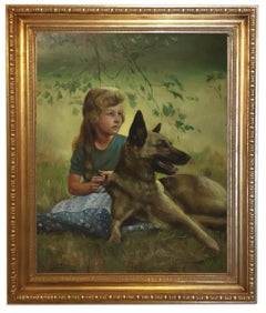 CHILD WITH A DOG - German School -  Oil On Canvas Italian Figurative Painting