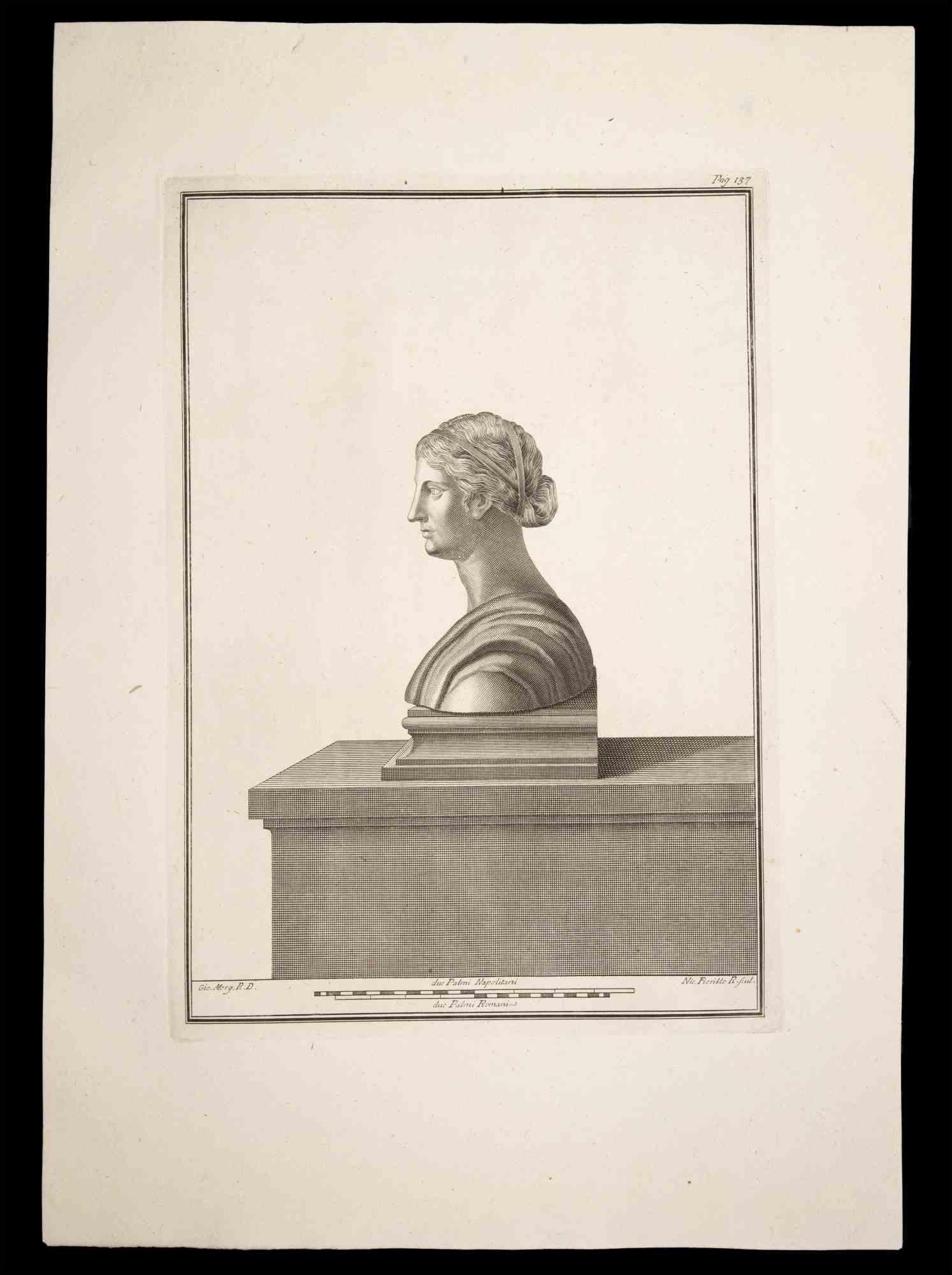 Busto romano antiguo, de la serie "Antigüedades de Herculano", es un aguafuerte original sobre papel realizado por Nicola Fiorillo en el siglo XVIII. 

Firmado en la placa, en la parte inferior derecha.

Buenas condiciones.

El grabado pertenece al