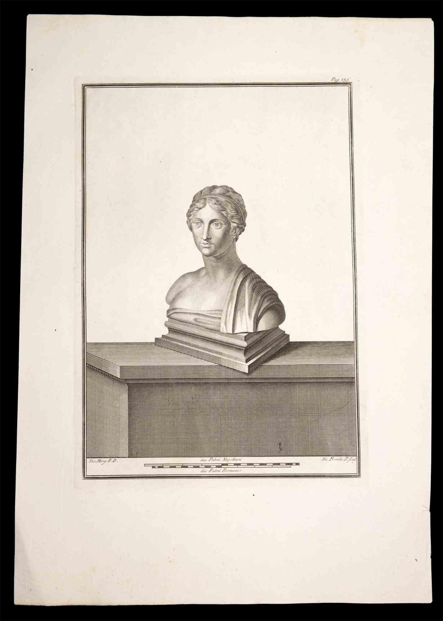 Antike römische Büste, aus der Serie "Antiquitäten von Herculaneum", ist eine Originalradierung auf Papier von Nicola Fiorillo aus dem 18.

Signiert auf der Platte unten rechts.

Gute Bedingungen.

Die Radierung gehört zu der Druckserie "Antiquities