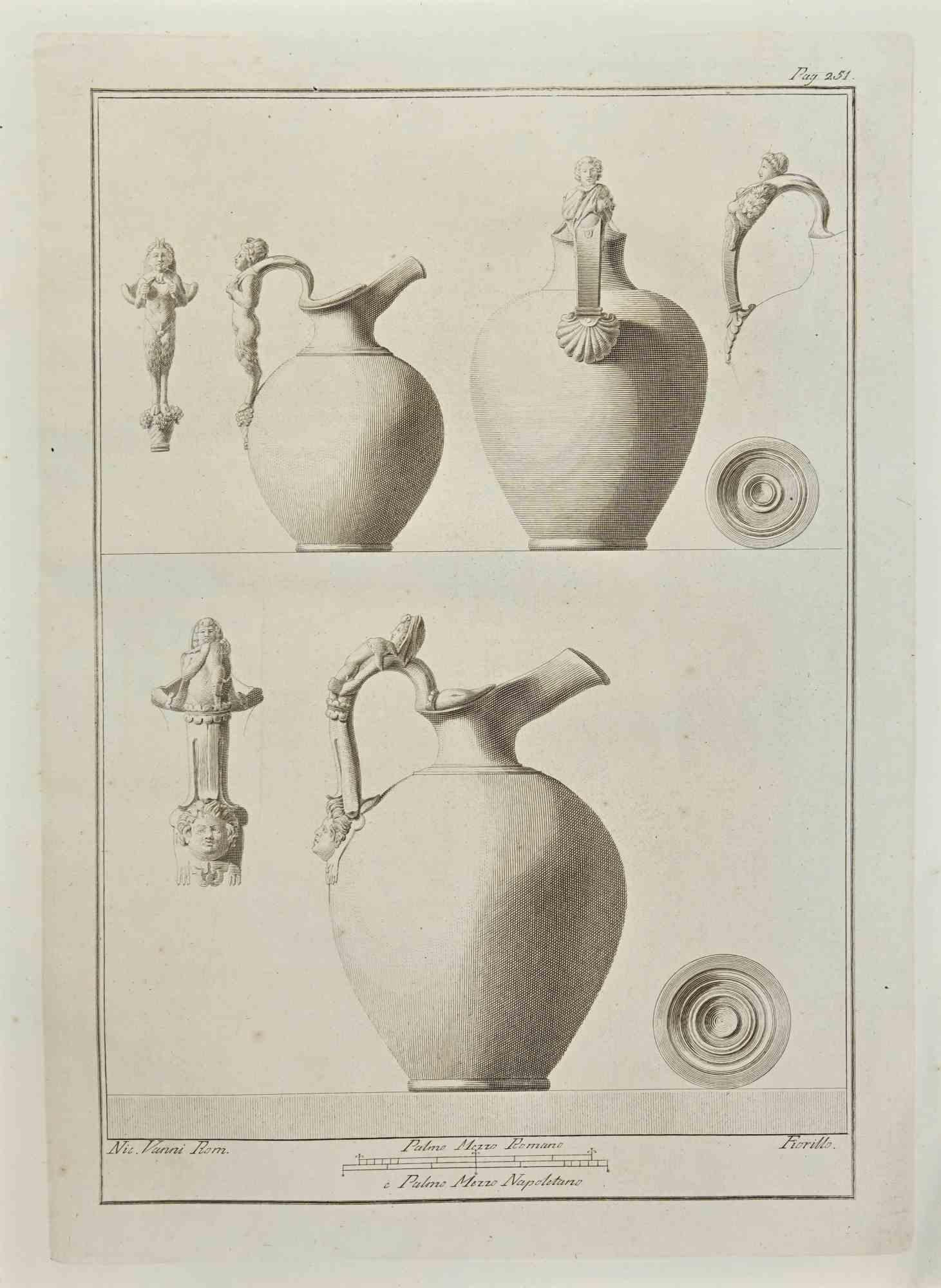 Ancient Roman Jars from "Antiquities of Herculaneum" is an etching on paper realized by Nicola Fiorillo in the 18th Century.

Signed on the plate.

Good conditions.

The etching belongs to the print suite “Antiquities of Herculaneum Exposed”