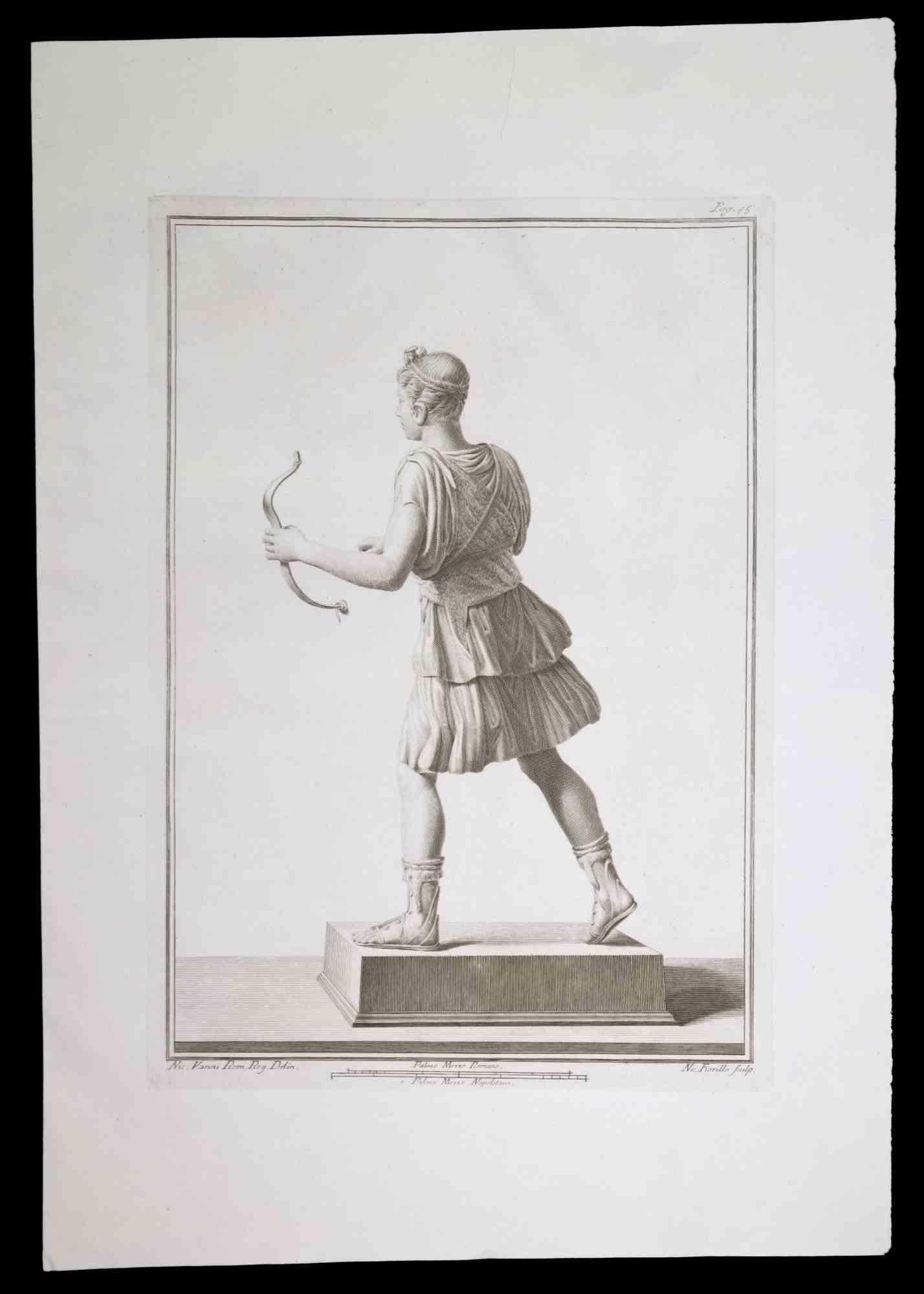 Antike römische Statue, aus der Serie "Antiquitäten von Herculaneum", ist eine Originalradierung auf Papier von Nicola Fiorillo aus dem 18.

Signiert auf der Platte, unten rechts.

Guter Zustand mit leichten Falten.

Die Radierung gehört zu der