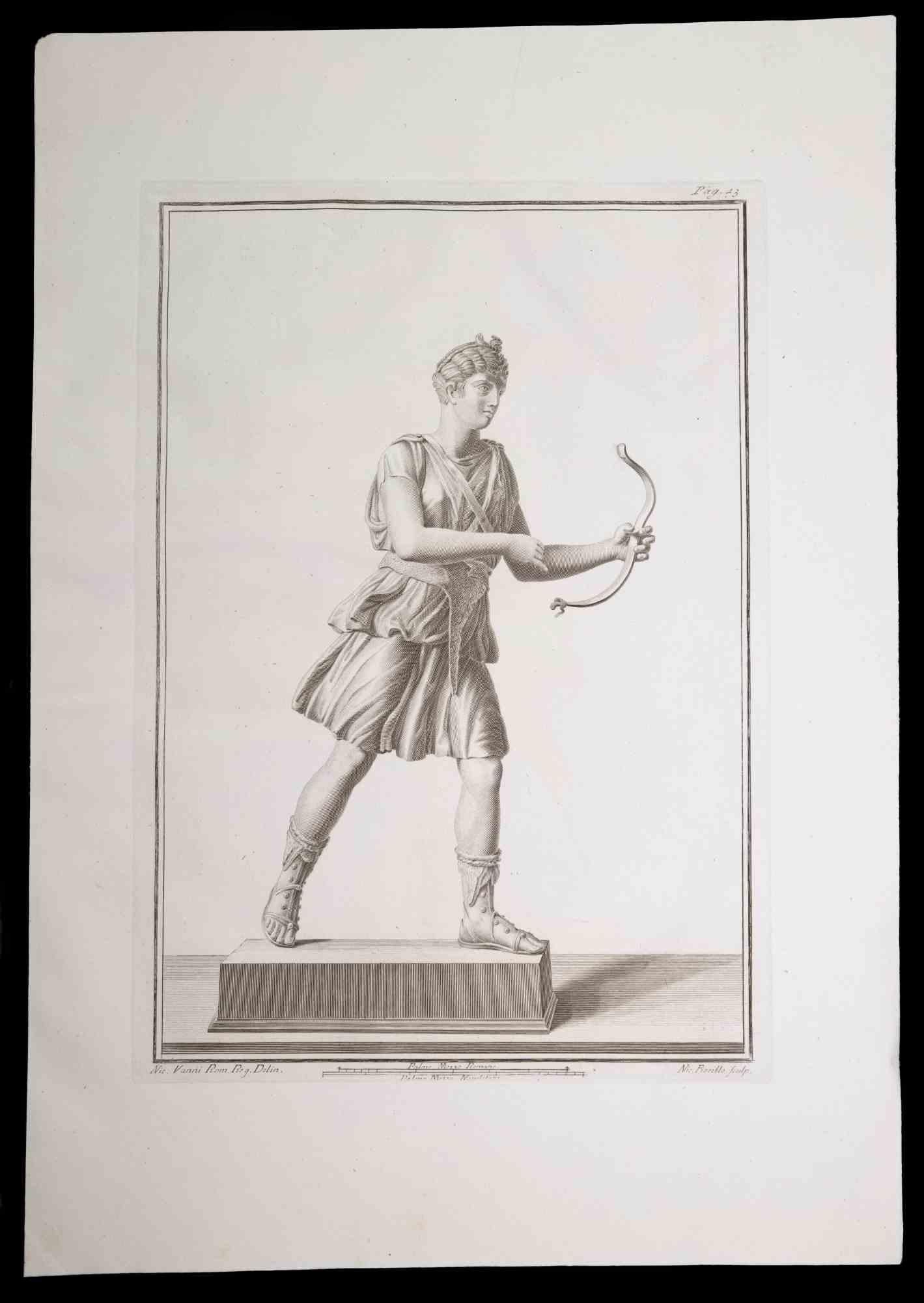 Bogenschütze, antike römische Statue, aus der Serie "Altertümer von Herculaneum", ist eine Originalradierung auf Papier von Nicola Fiorillo aus dem 18.

Signiert auf der Platte unten rechts.

Guter Zustand mit leichten Falten.

Die Radierung gehört