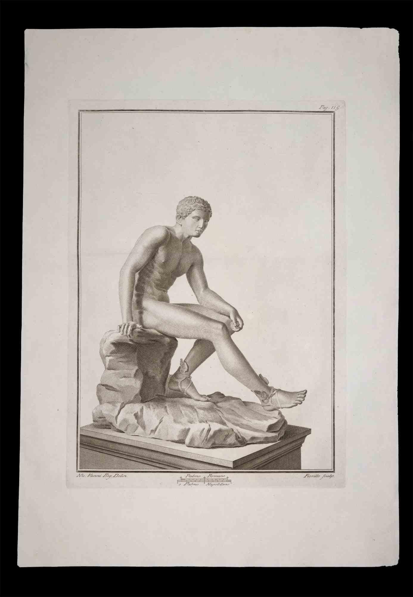 Hermes, Ancient Roman Statue- Original Etching by Nicola Fiorillo - 18th Century