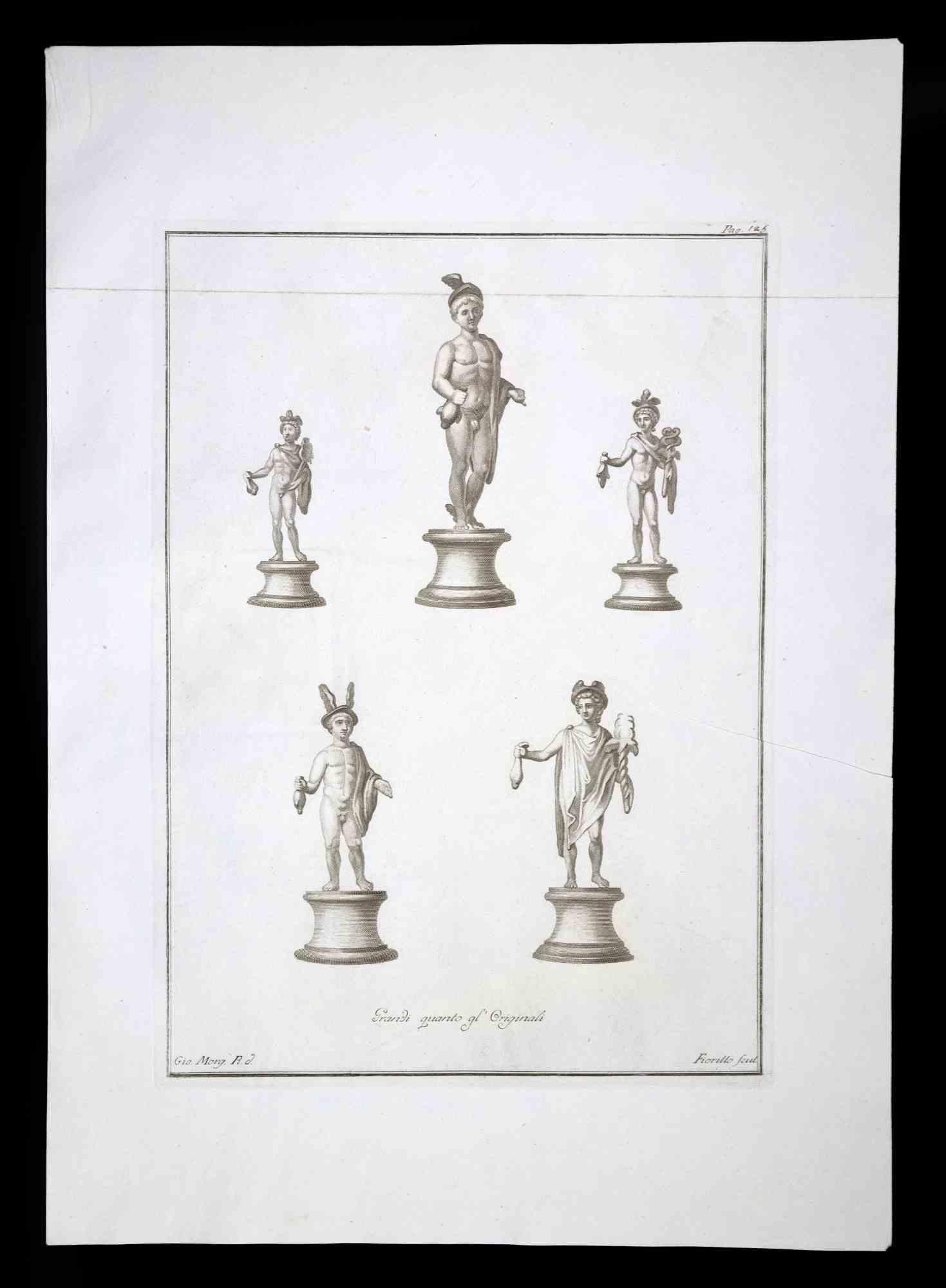Hermes, antike römische Statue, aus der Serie "Antiquities of Herculaneum", ist eine Originalradierung auf Papier von Nicola Fiorillo aus dem 18.

Signiert auf der Platte, unten rechts.

Guter Zustand mit leichten Falten.

Die Radierung gehört zu