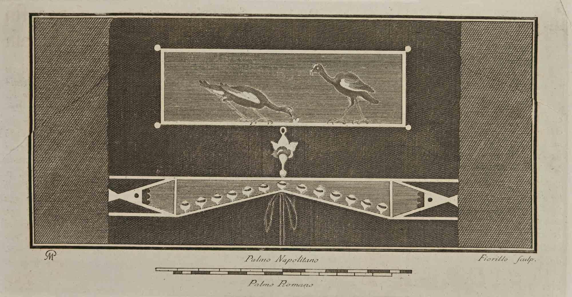 Fresque de Nature morte avec oiseaux des "Antiquités d'Herculanum" est une gravure sur papier réalisée par Nicola Fiorillo au 18ème siècle.

Signé sur la plaque.

Bon état avec quelques pliures.

La gravure appartient à la suite d'estampes
