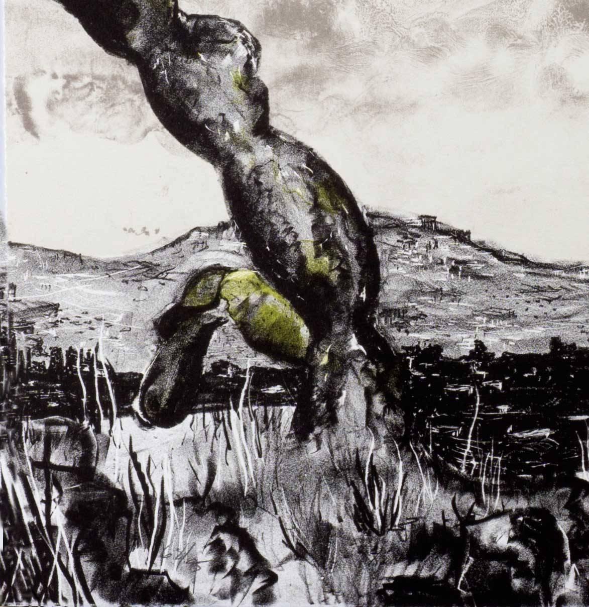 Spectre (an otherworldly landscape with trees and mountains under a dappled sky) - Print by Nicola Lopez