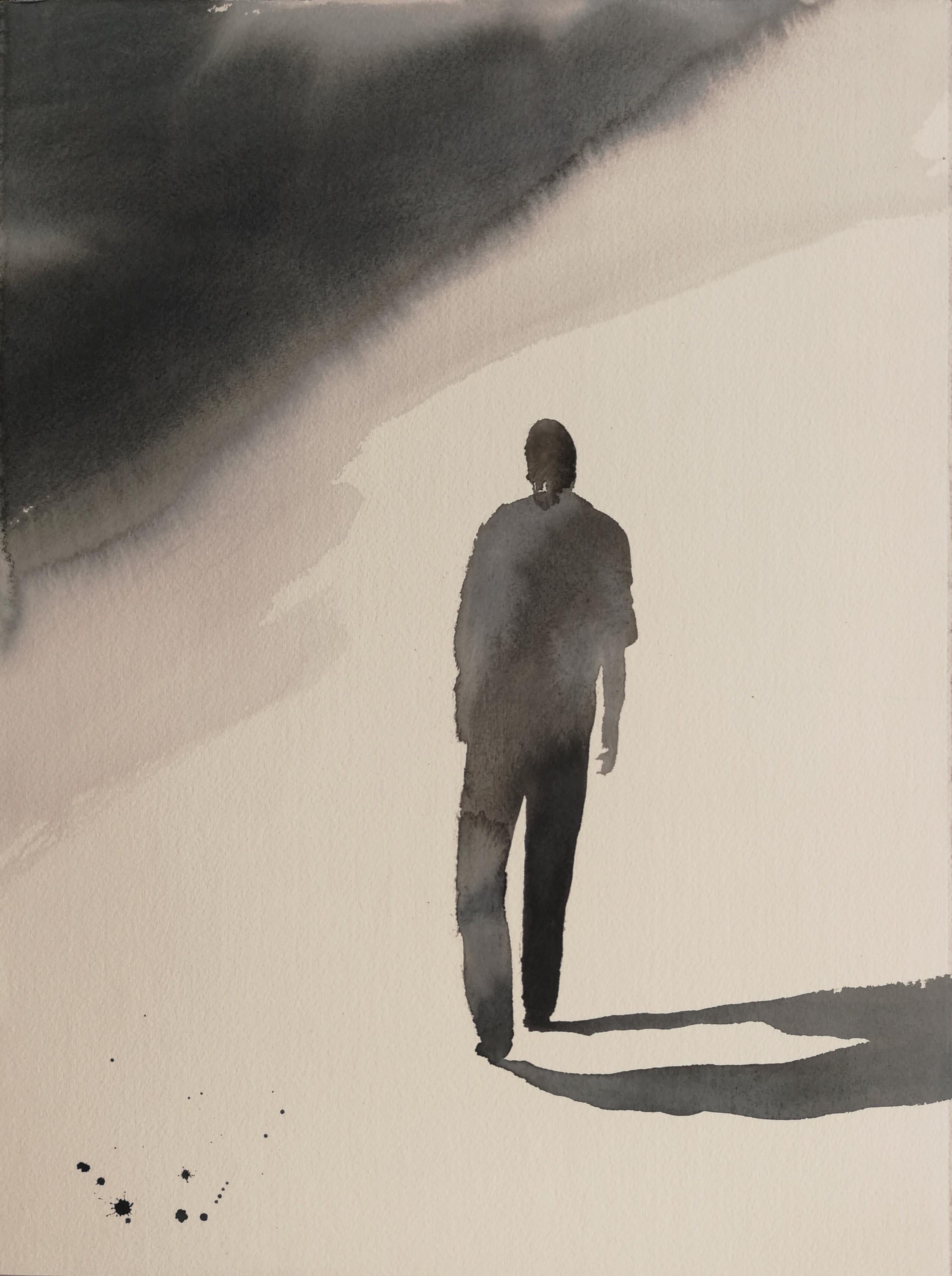 Nicola Magrin Figurative Painting - Black and white wandering man in the snow by fine italian watercolorist