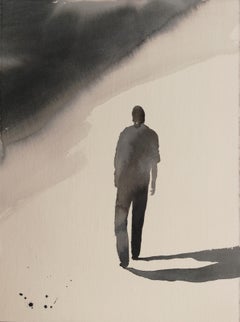 Man qui erre dans la neige en noir et blanc par un aquarelle italienne raffinée
