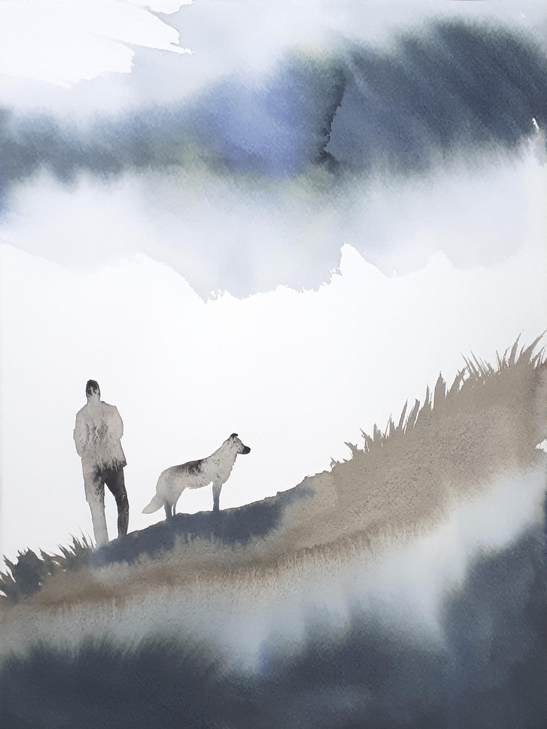 Nicola Magrin Figurative Painting - Blue and white mountain landscape with man and dog by fine italian watercolorist