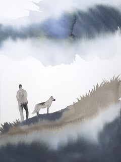 Blue and white mountain landscape with man and dog by fine italian watercolorist