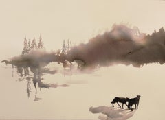 Foggy landscape of grey and white of forest and wolves by fine italian painter