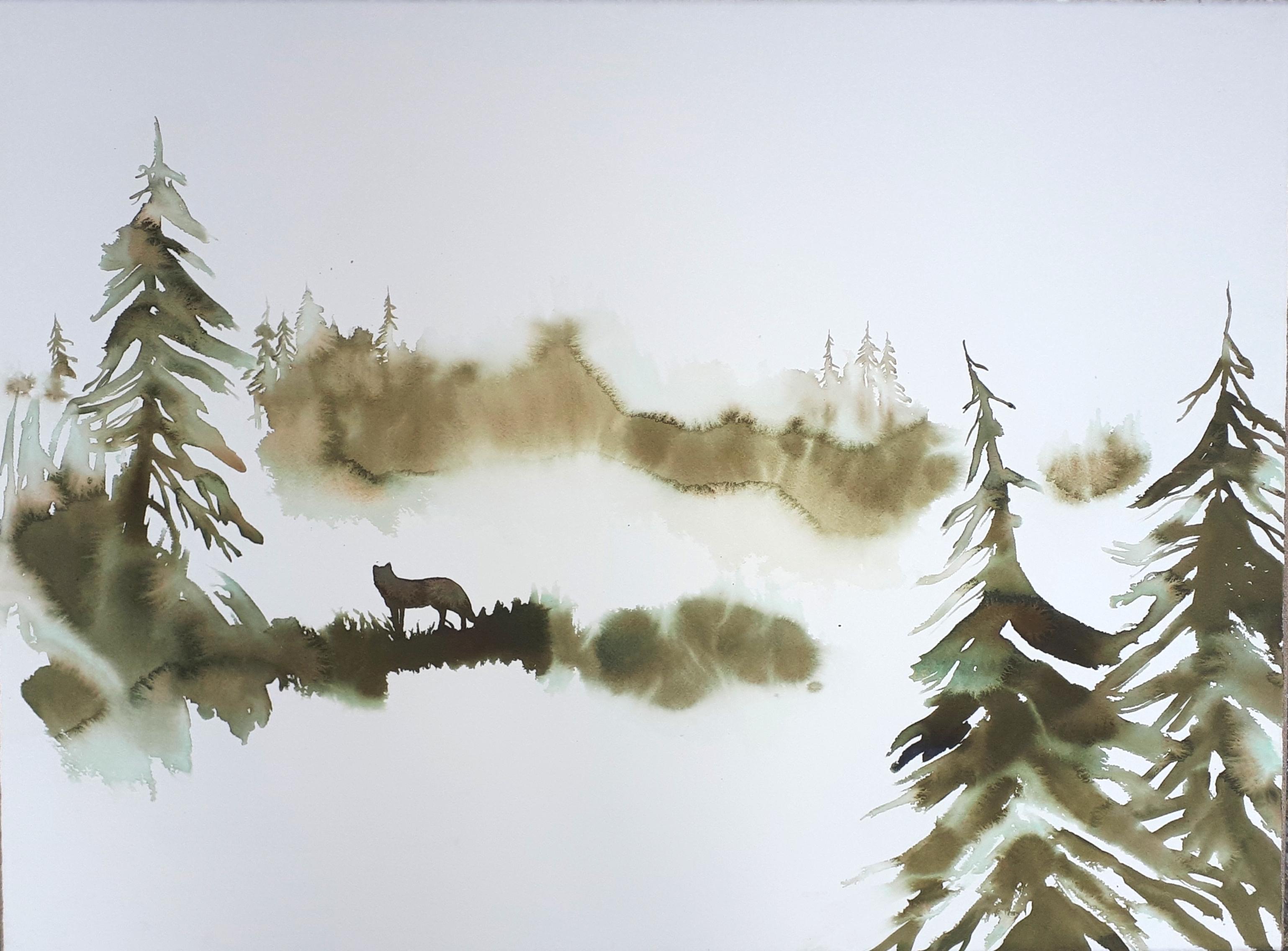 Nicola Magrin Landscape Painting - Forest landscape of green and white with wolf by fine italian watercolorist
