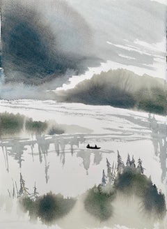 Green and white lake landscape with canoe and forest watercolour painting