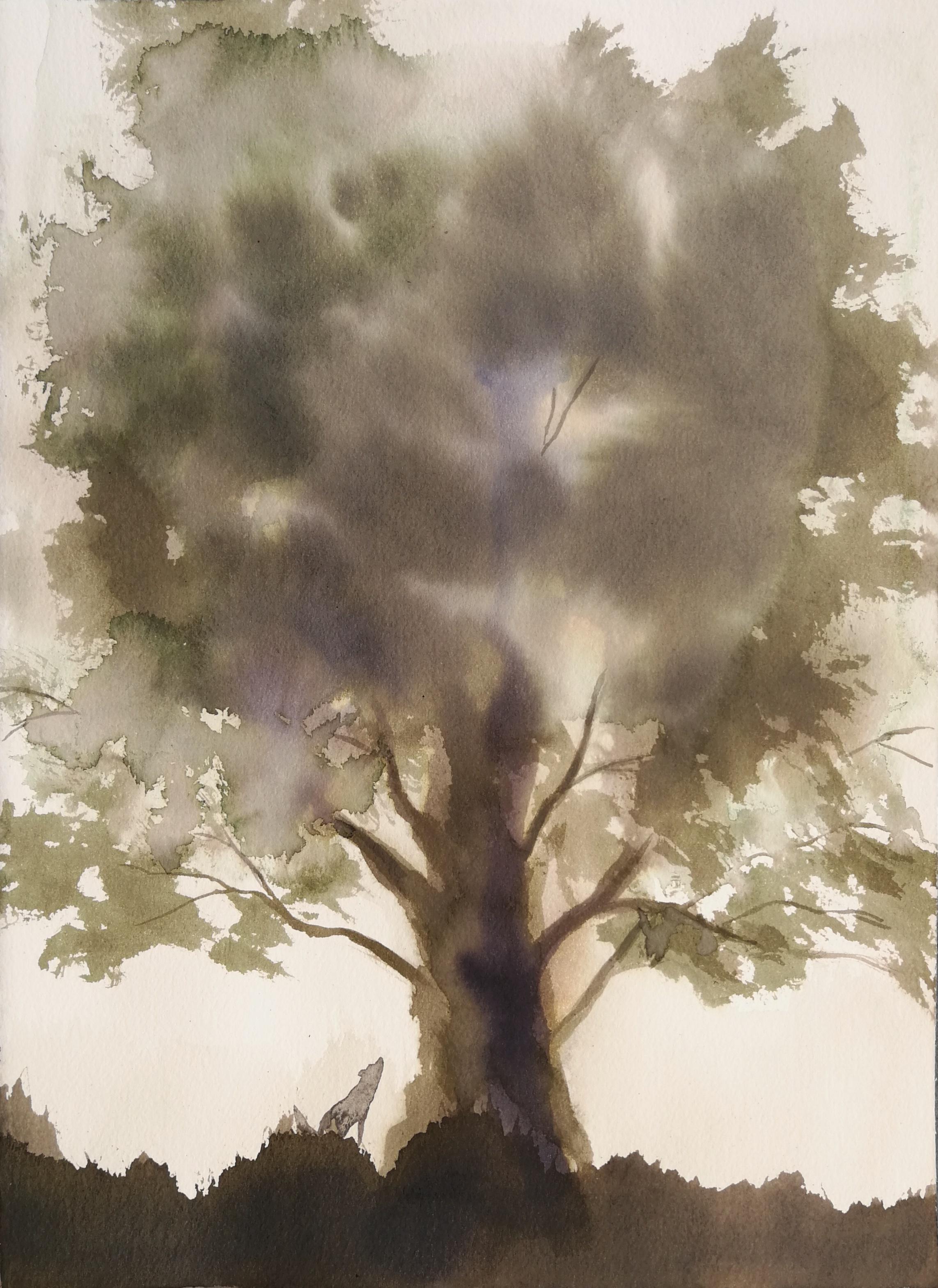 Nicola Magrin Figurative Painting - Howling wolf under majestic tree nature painting by master italian watercolorist