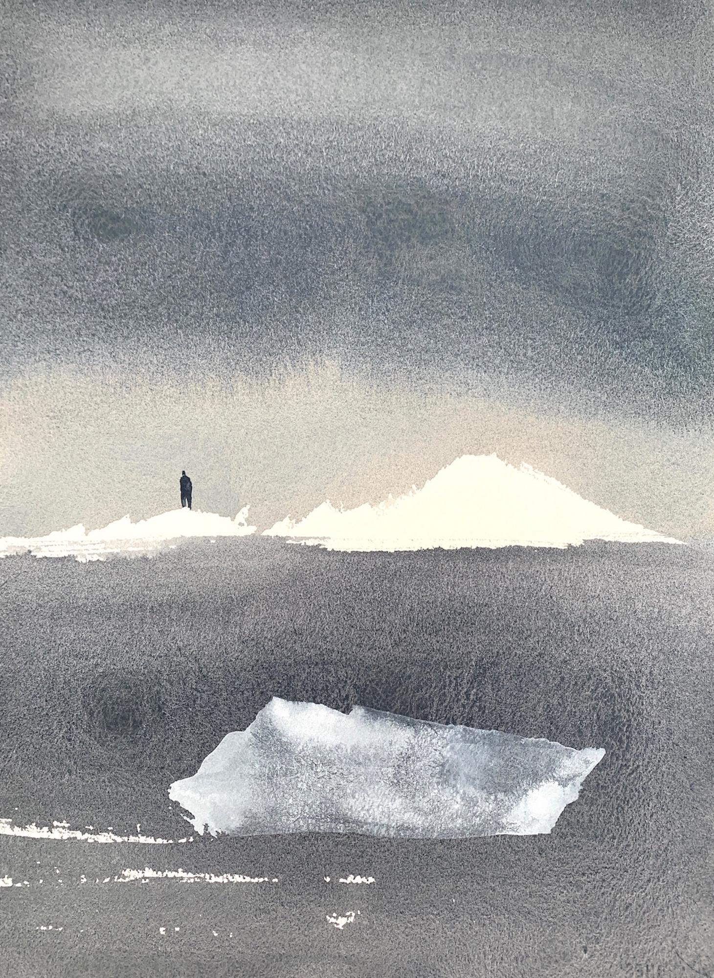 Iceberg and man landscape of grey and white by master italian watercolorist