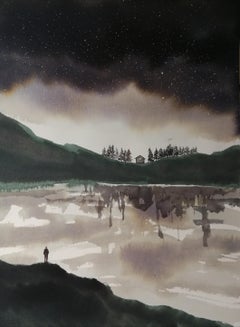 Lake landscape in night sky with man and house watercolor by fine italian painte