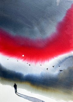 Magnifique paysage en aurora rouge et bleu avec homme et oiseaux par un peintre italien