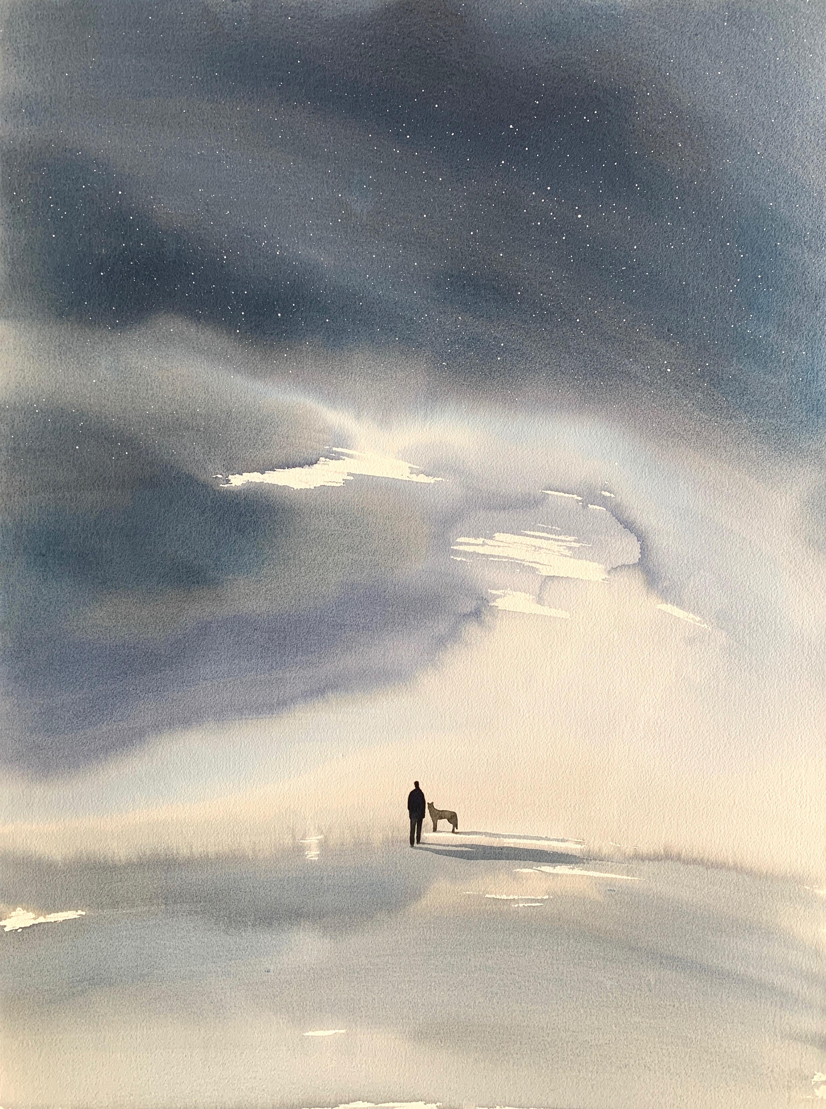 Nicola Magrin Landscape Painting - Night sky landscape with man and dog by master italian watercolorist