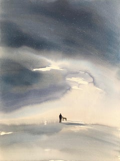 Night sky landscape with man and dog by master italian watercolorist