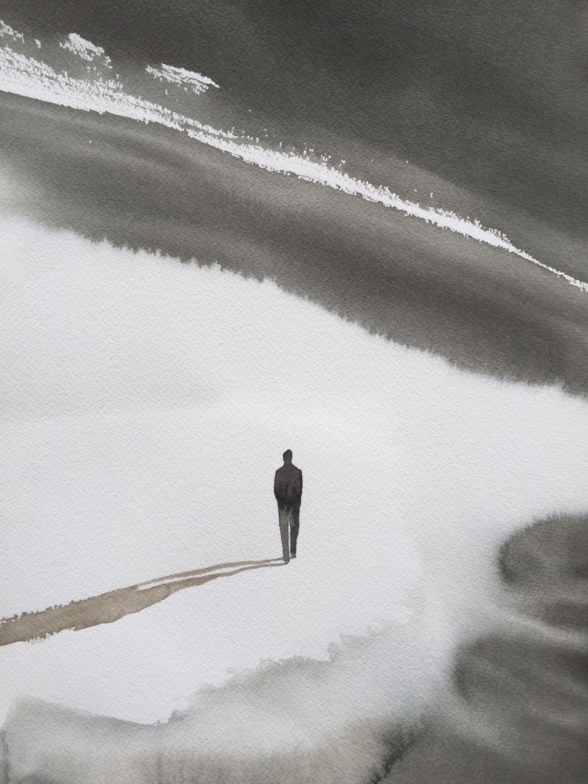 Nicola Magrin Figurative Painting - Portrait of man and void, grey painting by master italian watercolorist
