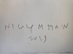 Paesaggio ad acquerello rosso e verde con albero e uomo di un maestro pittore italiano