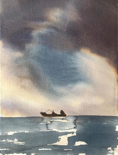 Sea landscape with boat, blue and grey watercolor by master italian painter