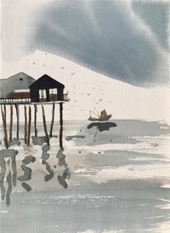 Seasside Landschaft mit Boot und Pier in Blau und Grau von fein  italienischer Maler