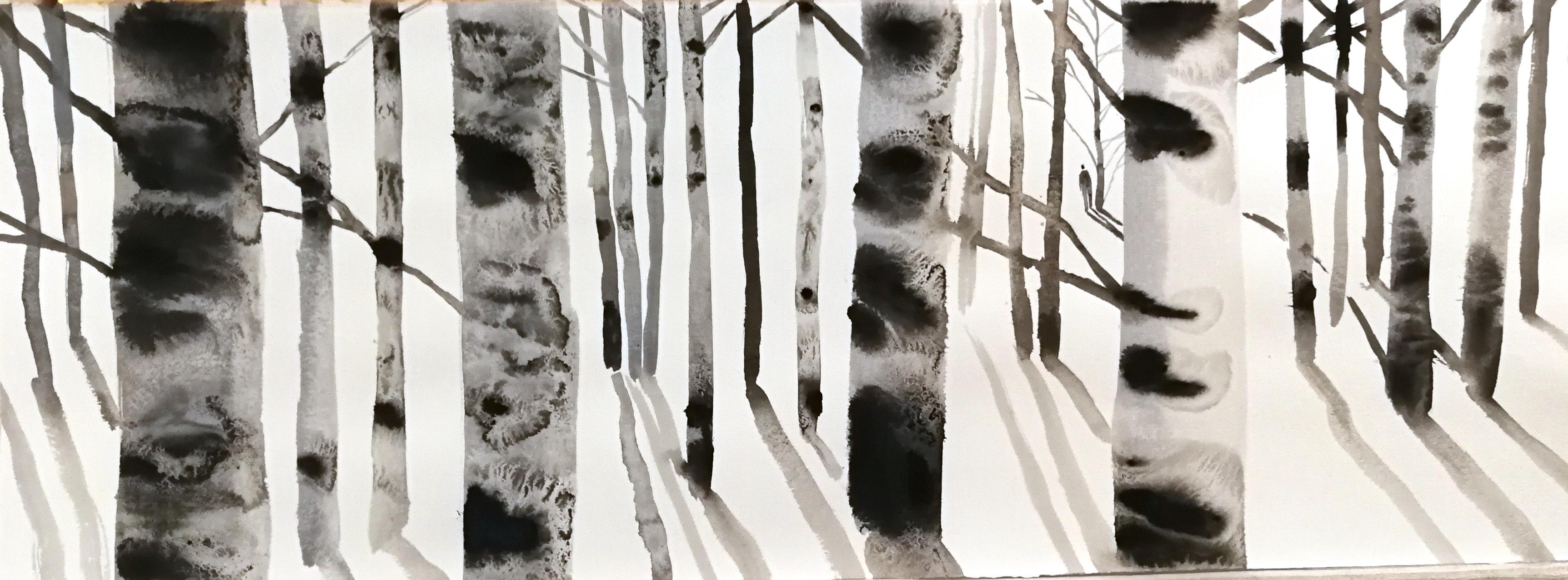 Nicola Magrin Landscape Painting - snowy black and white forest landscape by master italian watercolorist