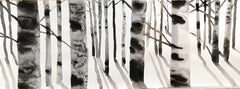 Paysage forestier neigeux en noir et blanc par un maître aquarelle italien